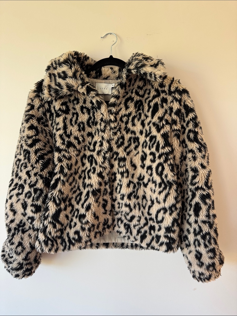 Womens Faux Fur Leopard Hooded Jacket - Beige/Black Size Small